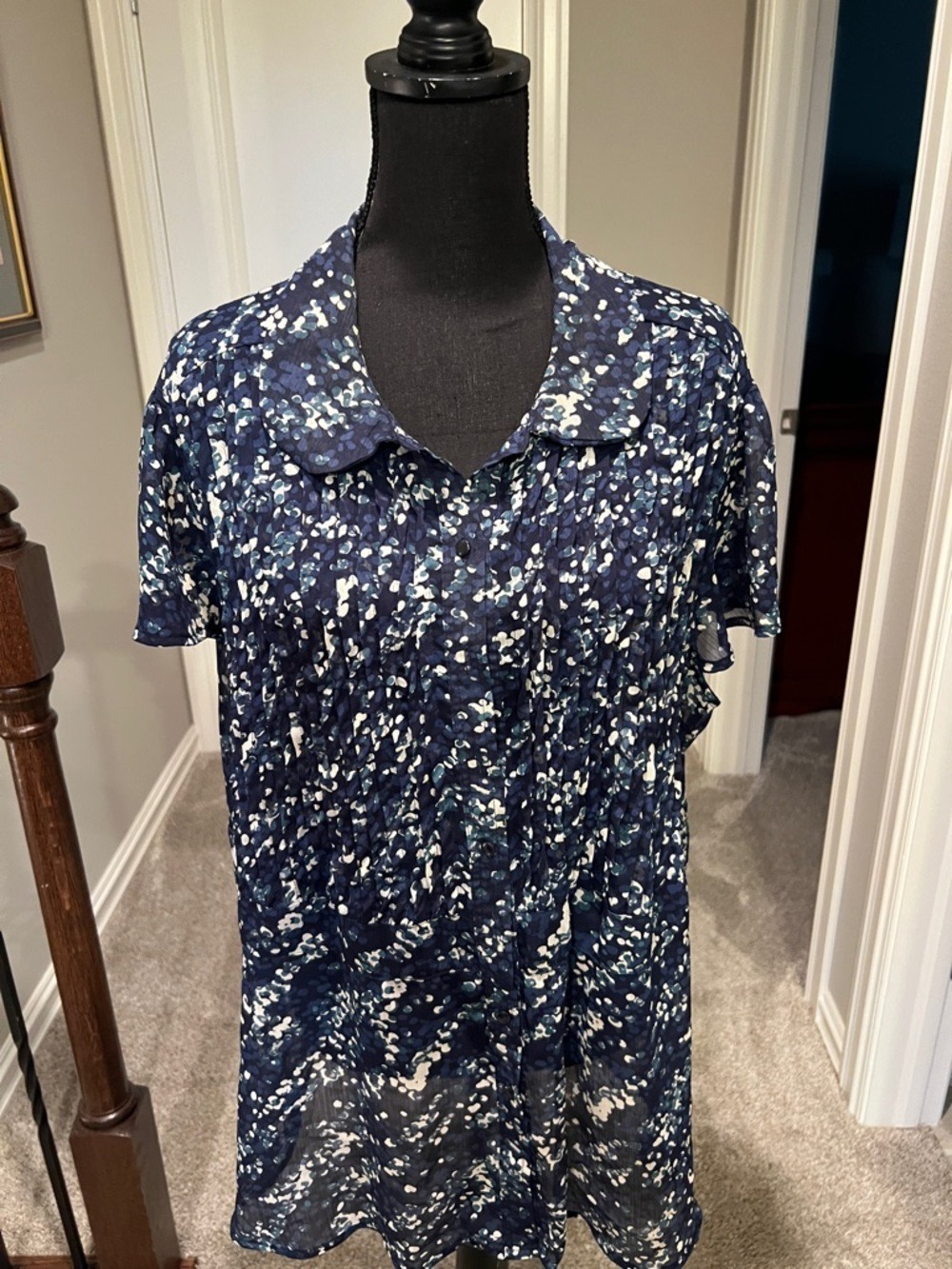 Apt. 9 Navy and White Printed Short Sleeve Blouse